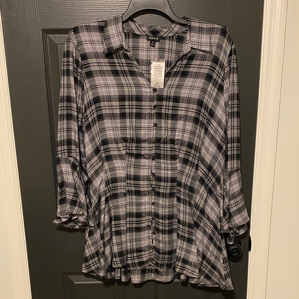 Torrid Black and Gray Plaid Button-Down Shirt